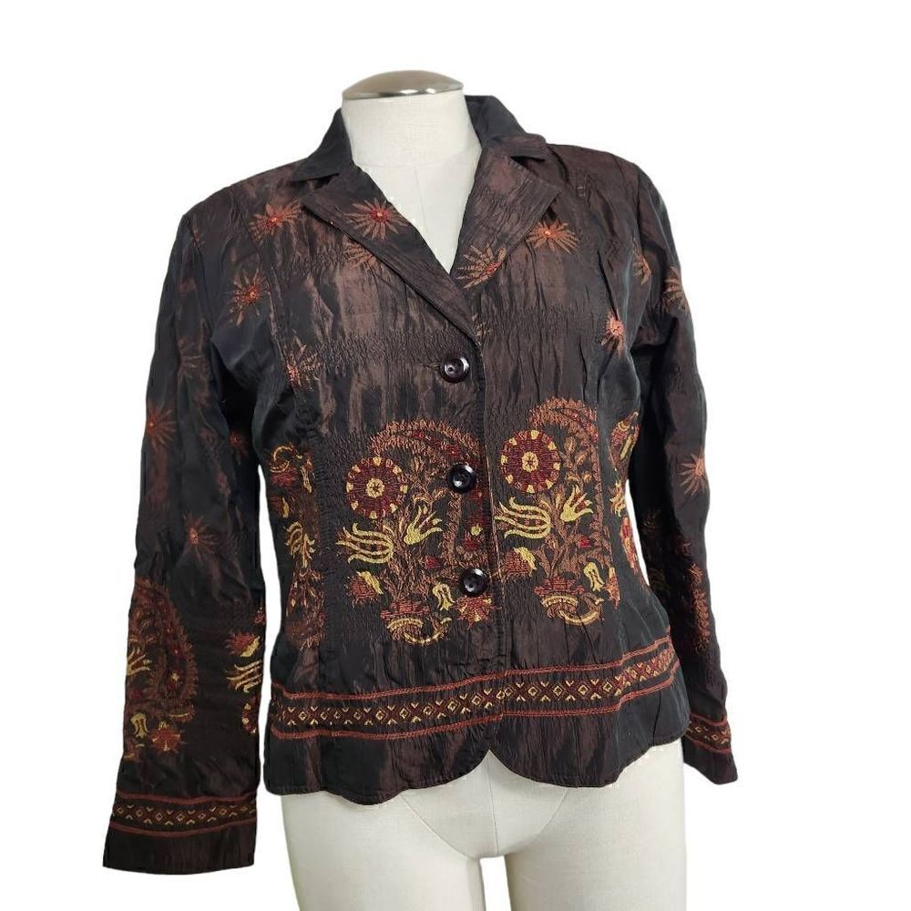 E.L.C.C. Embroidered Paisley Starburst button front blazer jacket brown bronze S